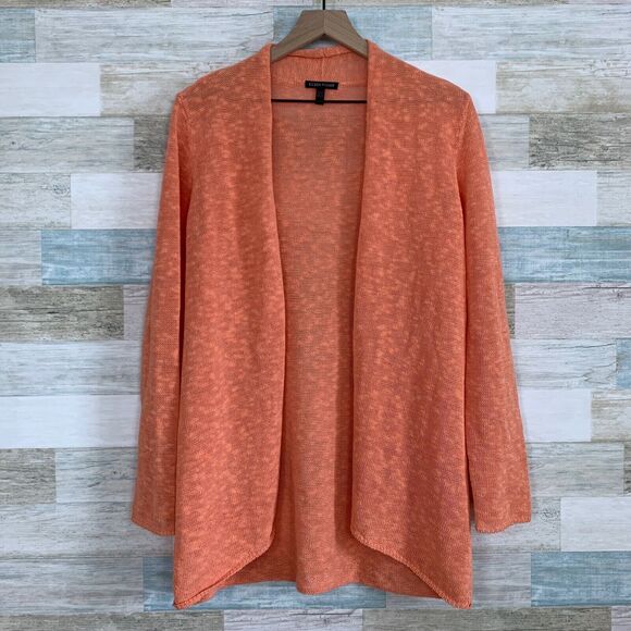 Eileen Fisher Organic Linen Melange Cardigan Orange Open Front Womens Small - Picture 1 of 7
